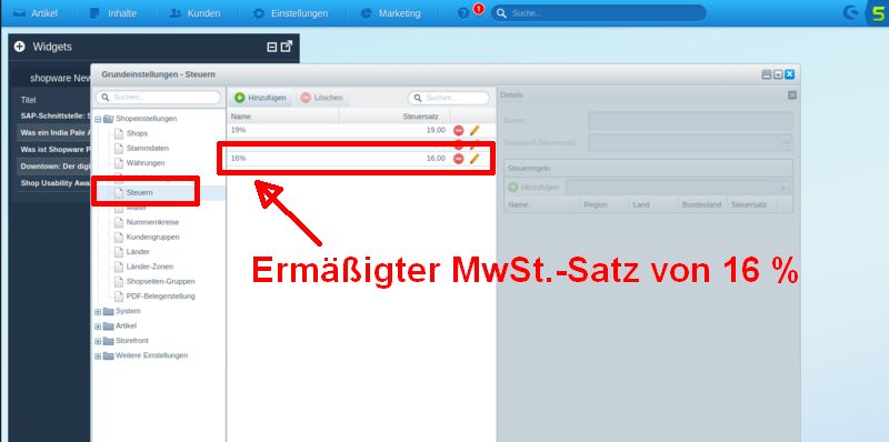 Screenshot Shopware-Backend: MwSt. eintragen