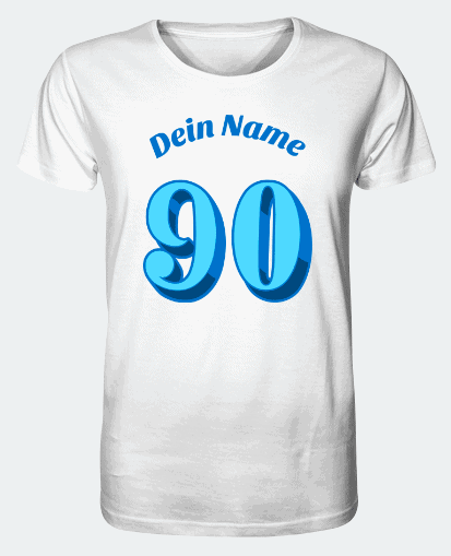 T-Shirt mit Aufschrift "Dein Name" und der Zahl "90"