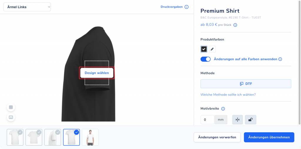 Leere Ärmel-Druckfläche mit Button „Design wählen“