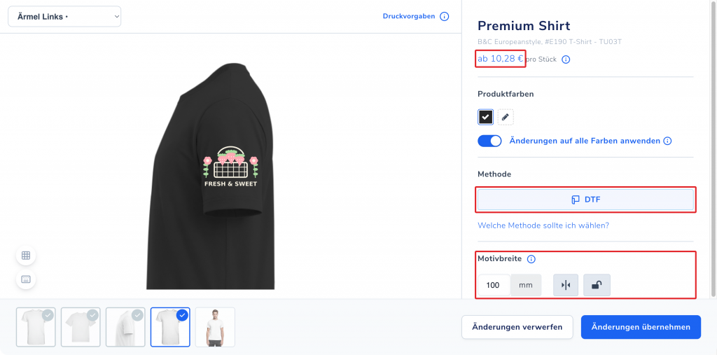Motiv auf dem linken Ärmel mit Methode DTF, Motivbreite und aktualisiertem Preis