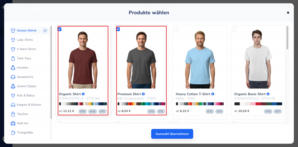 Produktauswahl im Cockpit mit zwei markierten Shirts